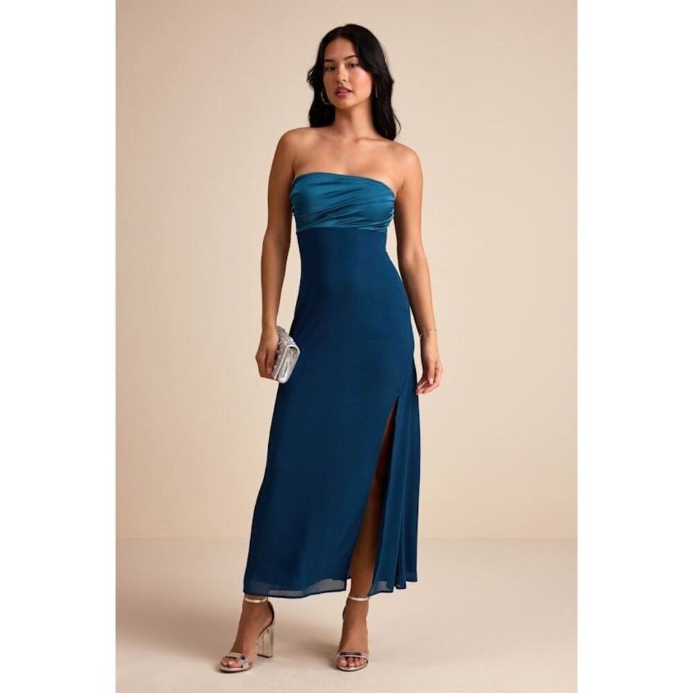 Lulus Devlin Dark Teal Mixed Media Strapless Midi Dress Blue - Size S